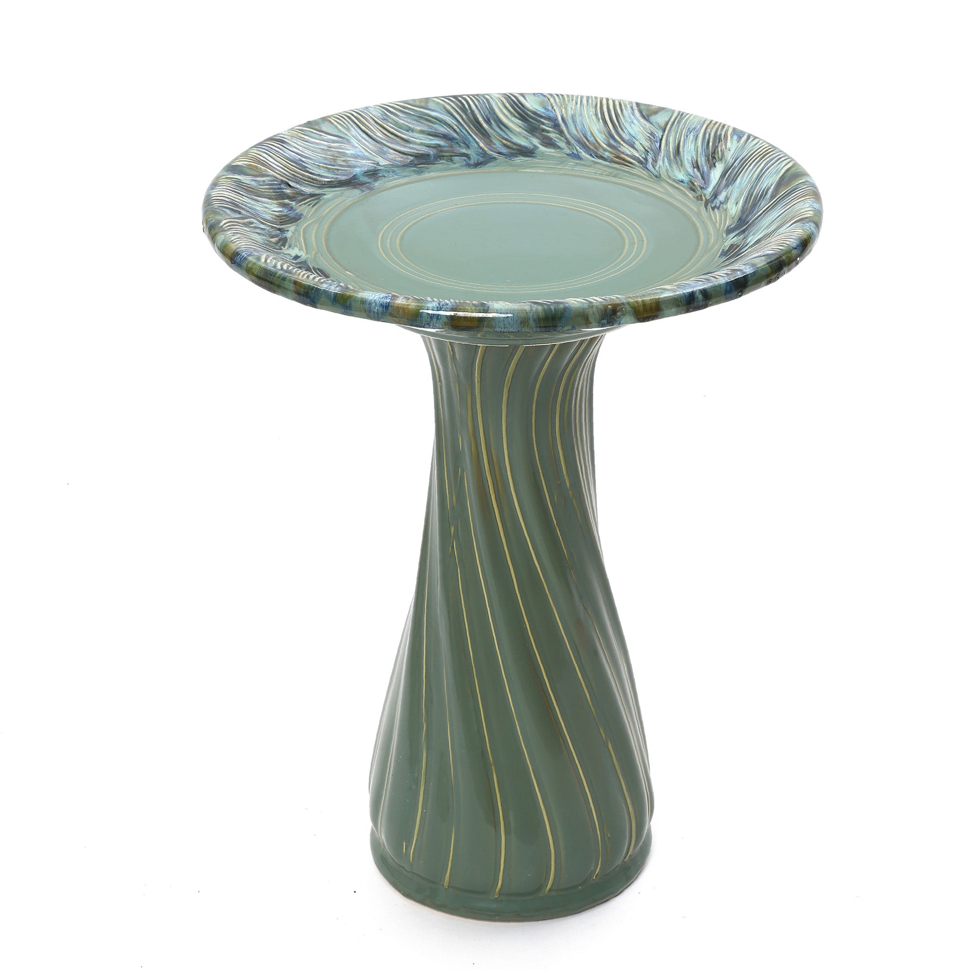 Marine Green Ceramic Birdbath with Swirl Pattern, Outdoor Garden Accent