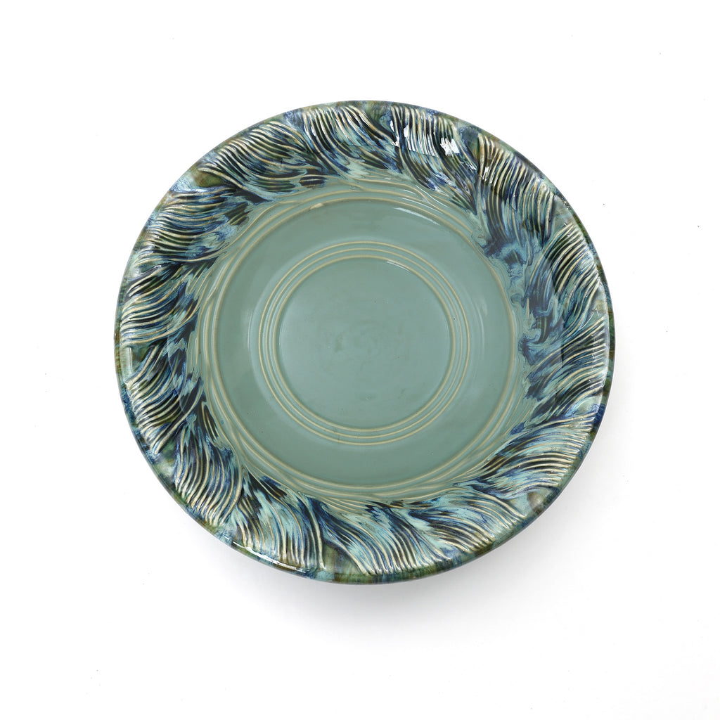 Marine Green Ceramic Birdbath with Swirl Pattern, Outdoor Garden Accent