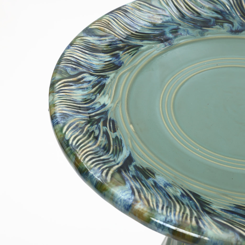 Marine Green Ceramic Birdbath with Swirl Pattern, Outdoor Garden Accent