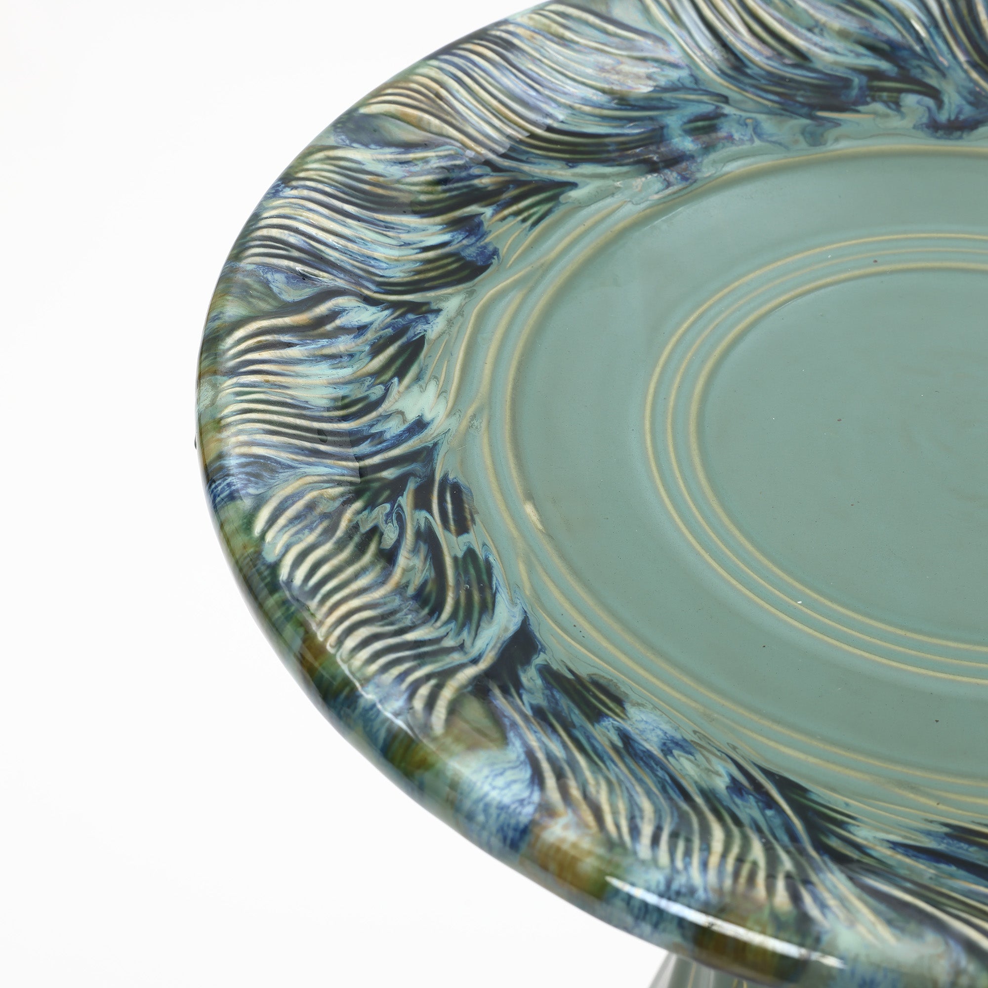 Marine Green Ceramic Birdbath with Swirl Pattern, Outdoor Garden Accent