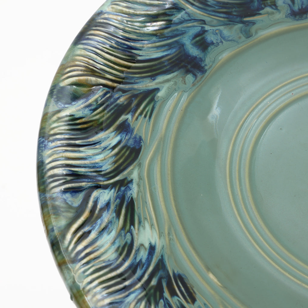 Marine Green Ceramic Birdbath with Swirl Pattern, Outdoor Garden Accent