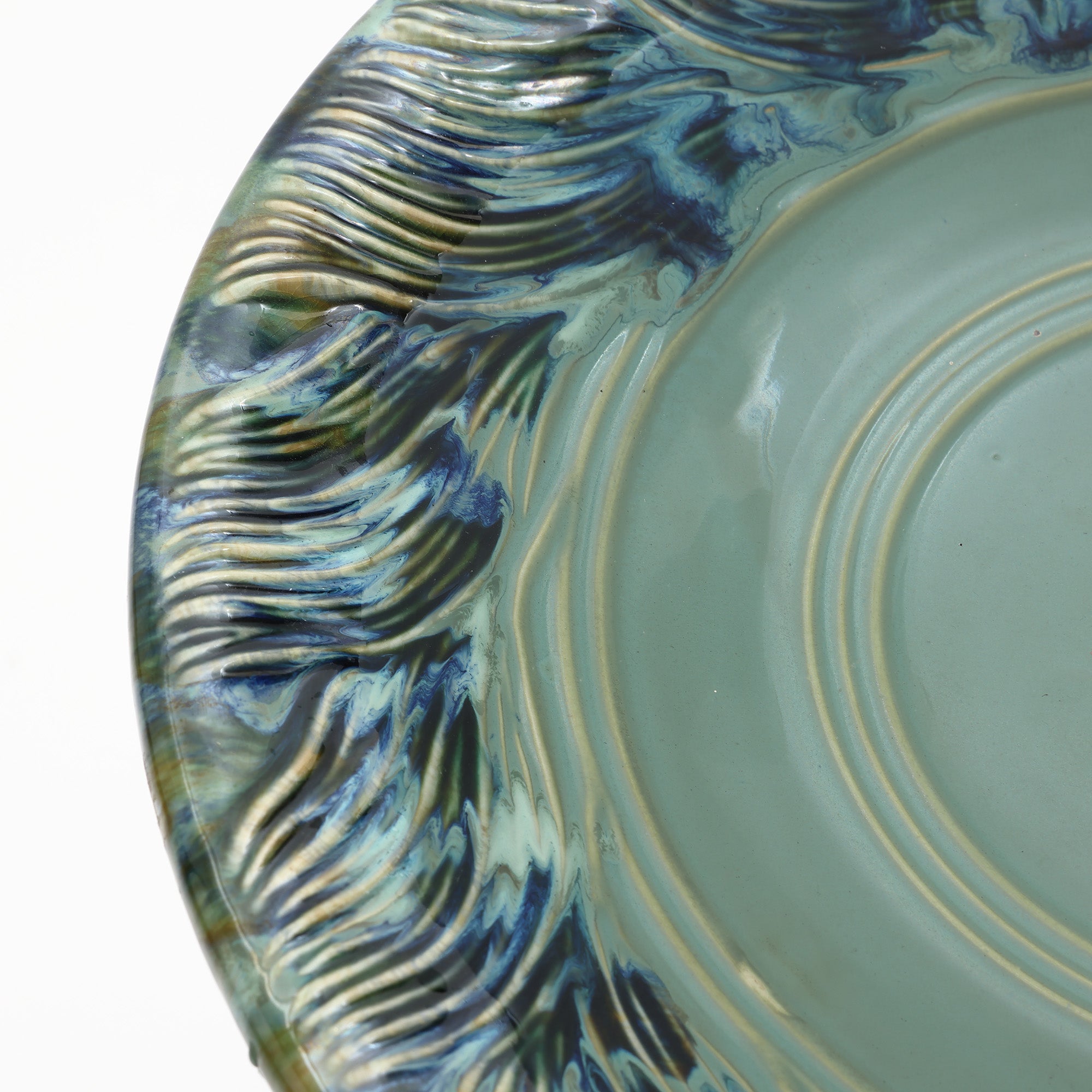 Marine Green Ceramic Birdbath with Swirl Pattern, Outdoor Garden Accent