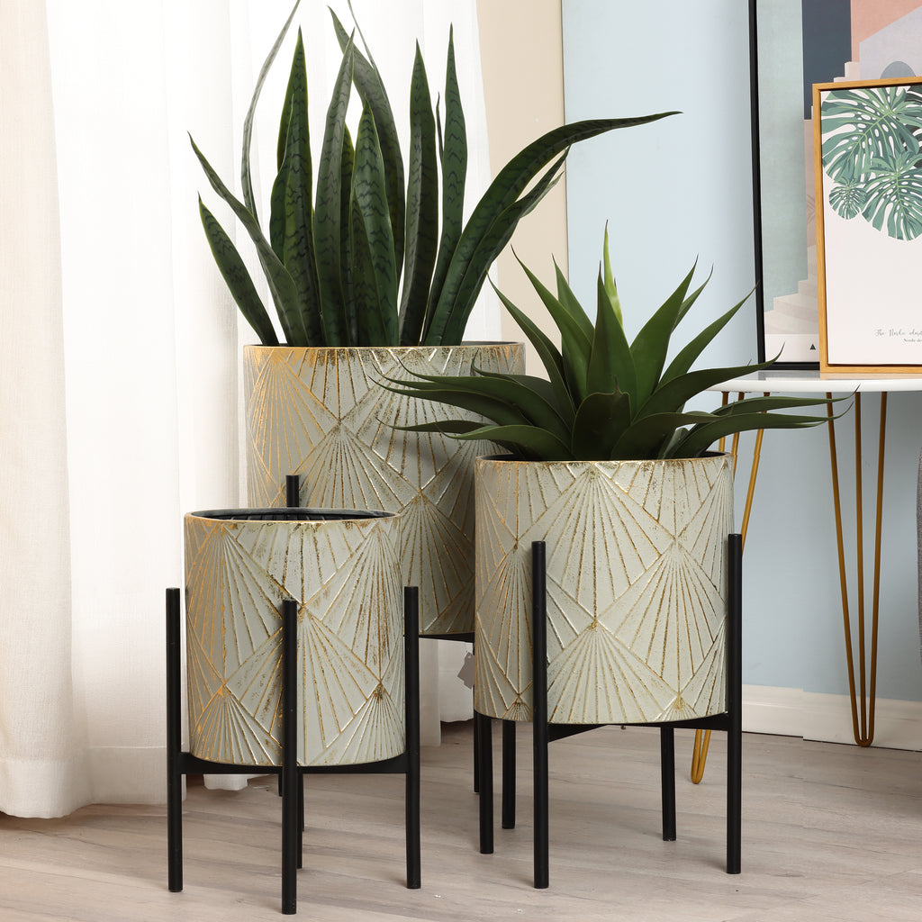 Set of 3 Gray and Gold Metal Cachepot Planters with Black Stand