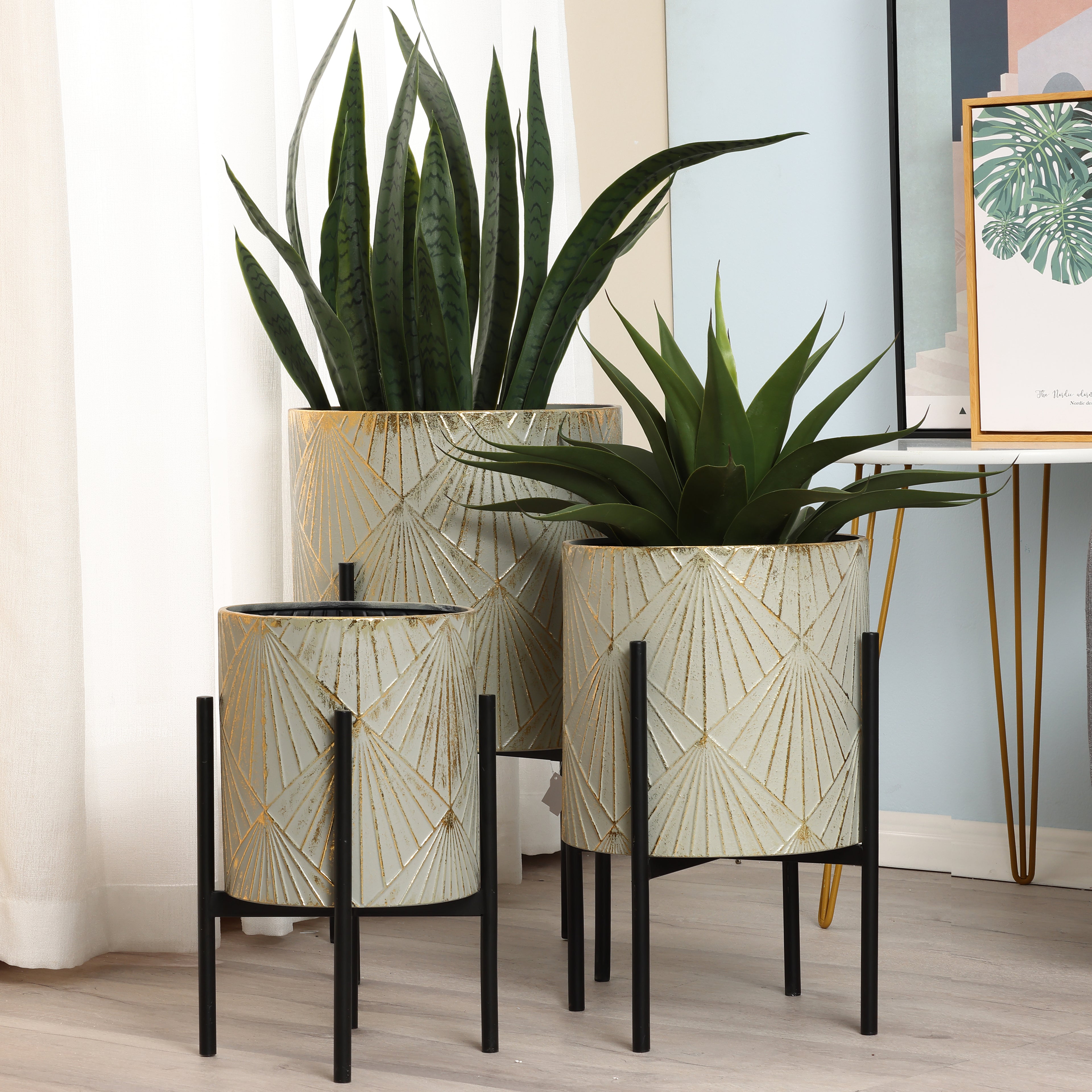 Set of 3 Gray and Gold Metal Cachepot Planters with Black Stand