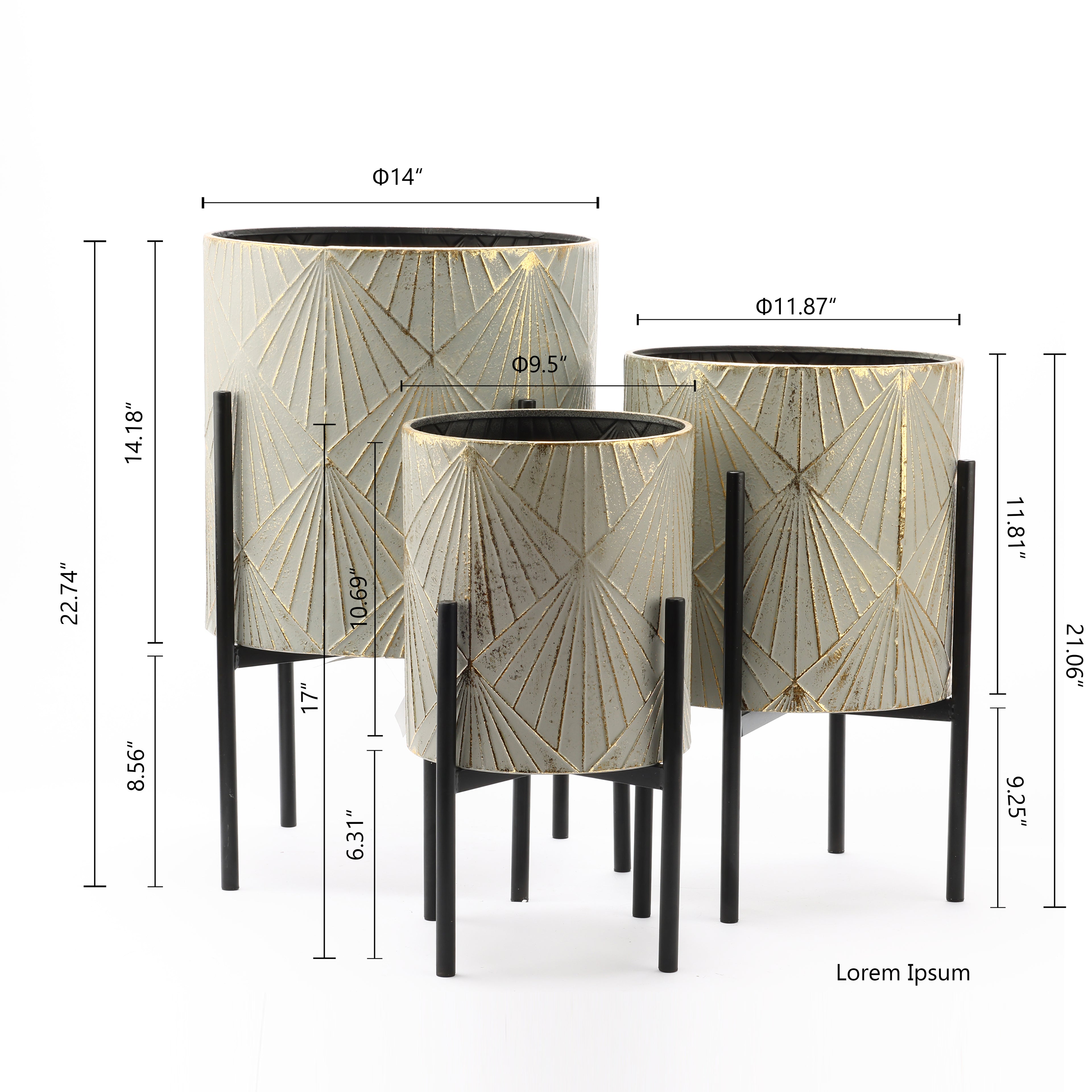 Set of 3 Gray and Gold Metal Cachepot Planters with Black Stand