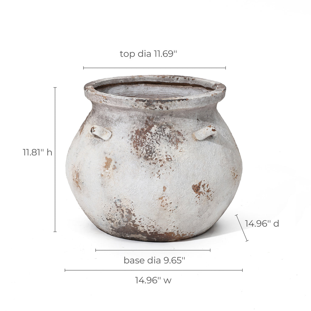 12" Distressed Farmhouse Round Planter Pot, Antique Rustic White