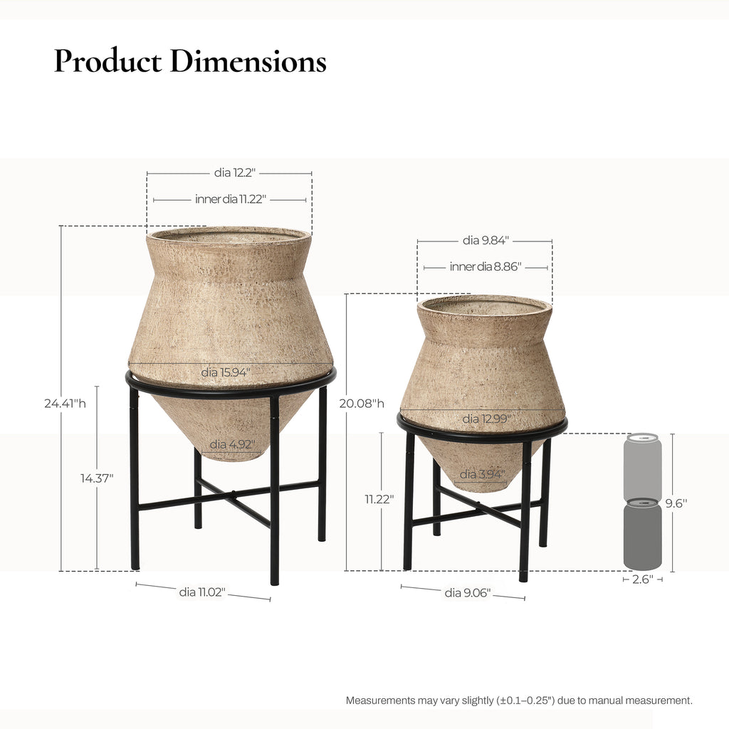 002-Piece Metal Cachepot Cauldron Set with Black Stands, Distressed Beige, 13" & 16"