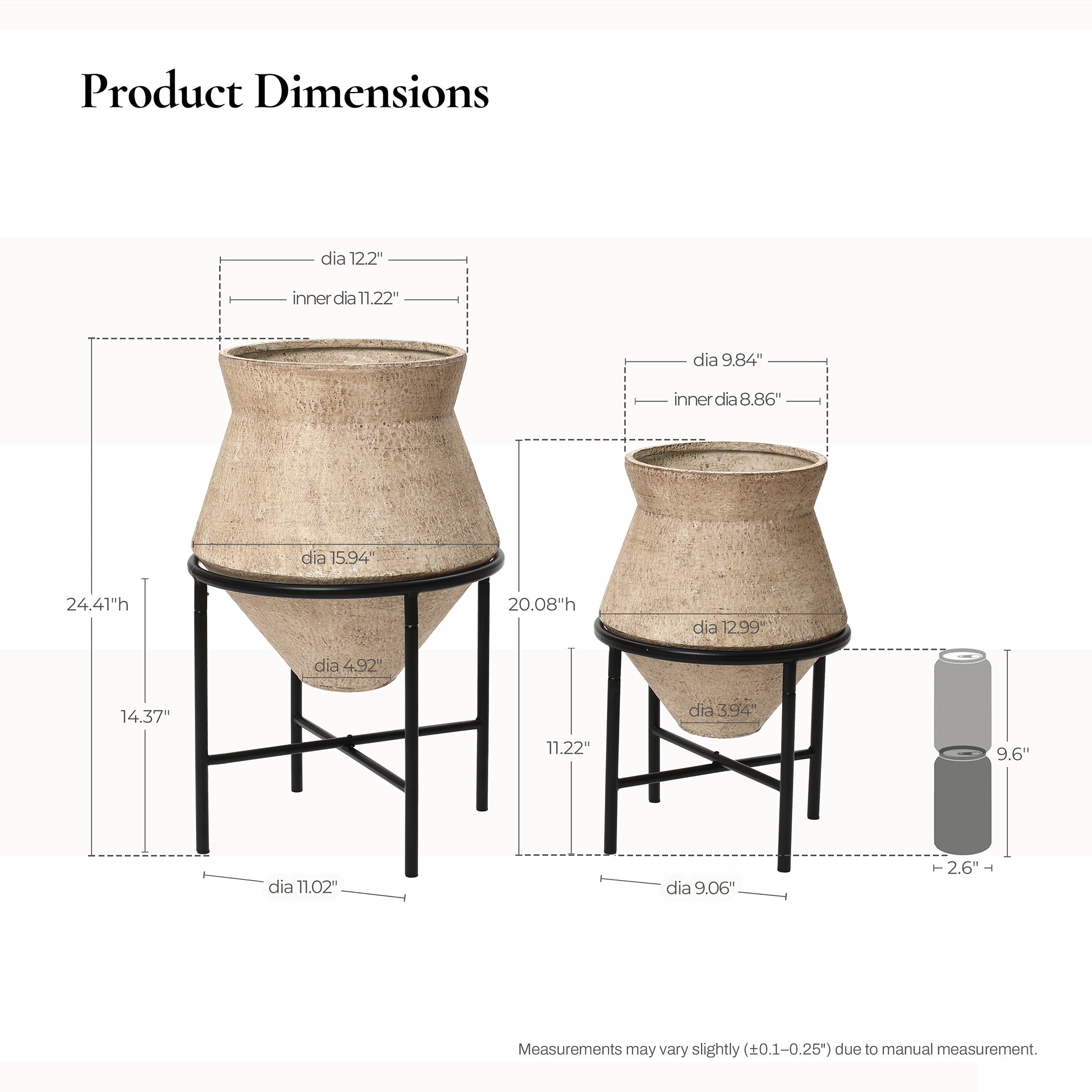 002-Piece Metal Cachepot Cauldron Set with Black Stands, Distressed Beige, 13" & 16"