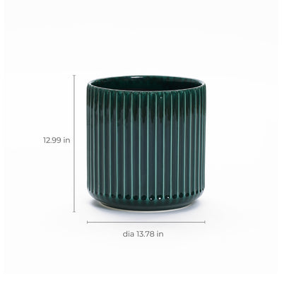 Grove Round Fluted Ceramic Planter, Jade Green, 14"