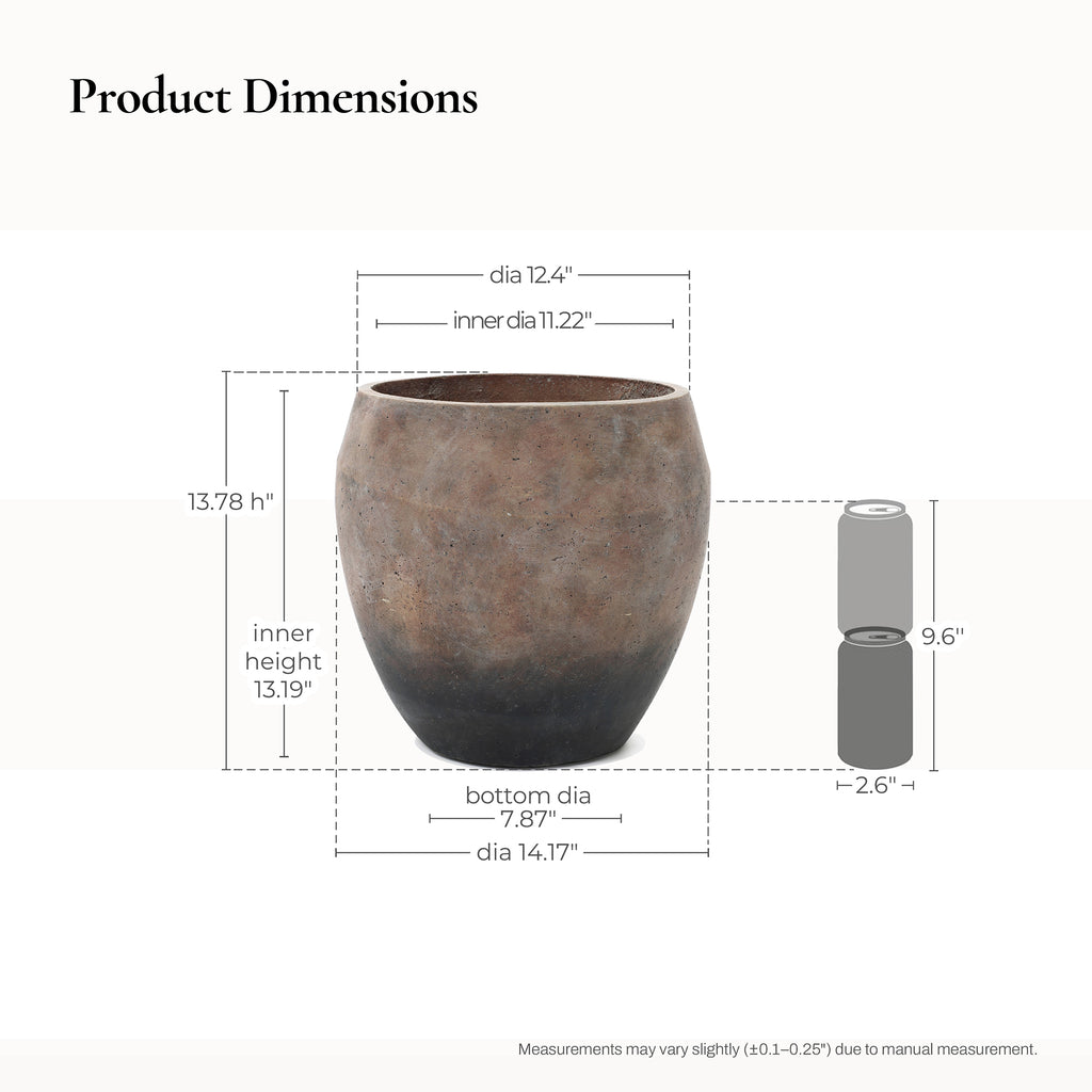 Vintage Antiqued Brown with Charcoal Base 13.8-Inch Tall Round Cement Planter