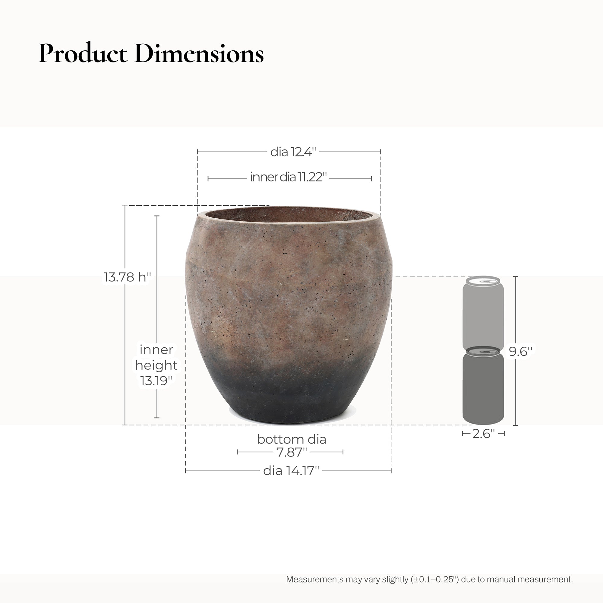 Vintage Antiqued Brown with Charcoal Base 13.8-Inch Tall Round Cement Planter