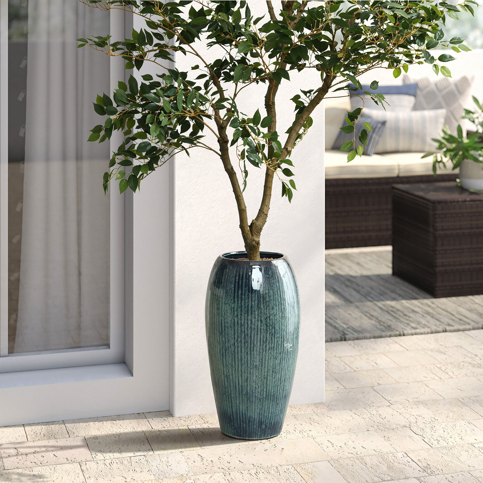 Blue Ceramic 23-Inch Tall Round Planter