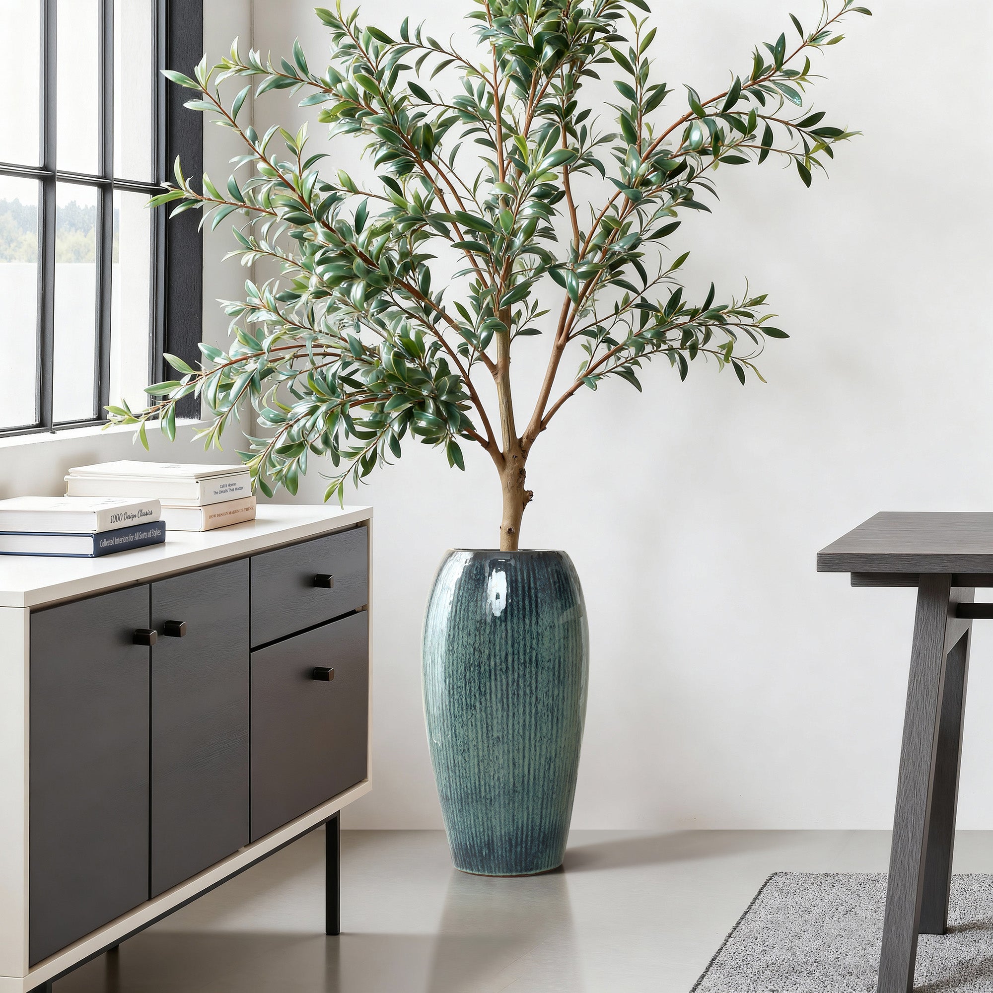 Blue Ceramic 23-Inch Tall Round Planter