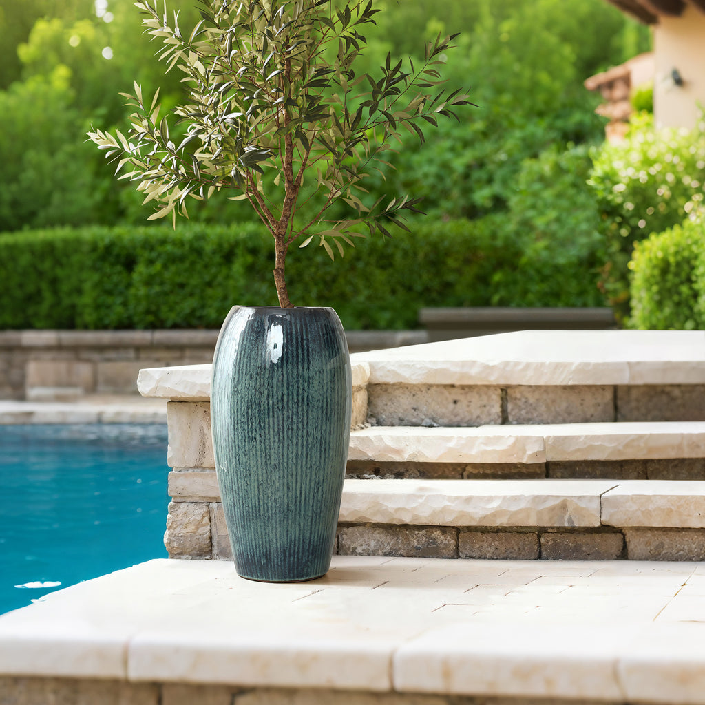Blue Ceramic 23-Inch Tall Round Planter
