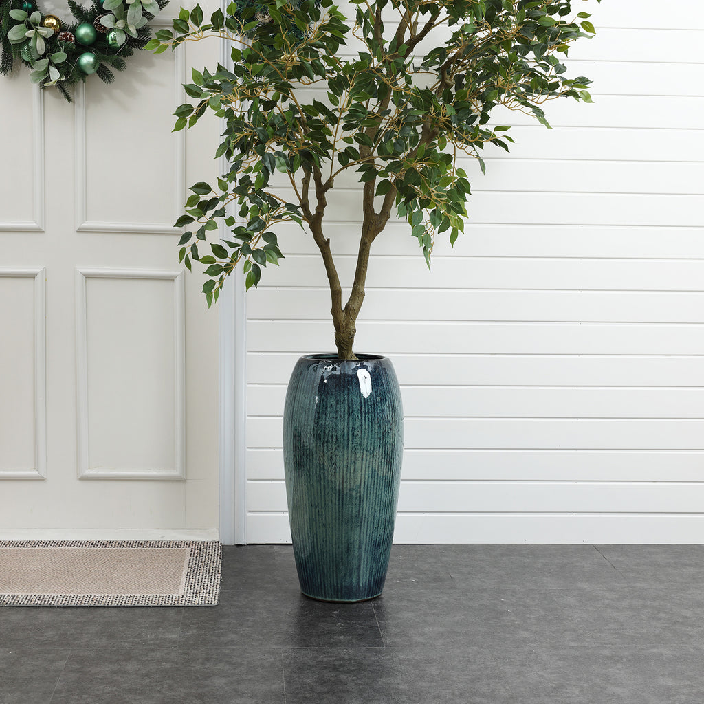 Blue Ceramic 23-Inch Tall Round Planter