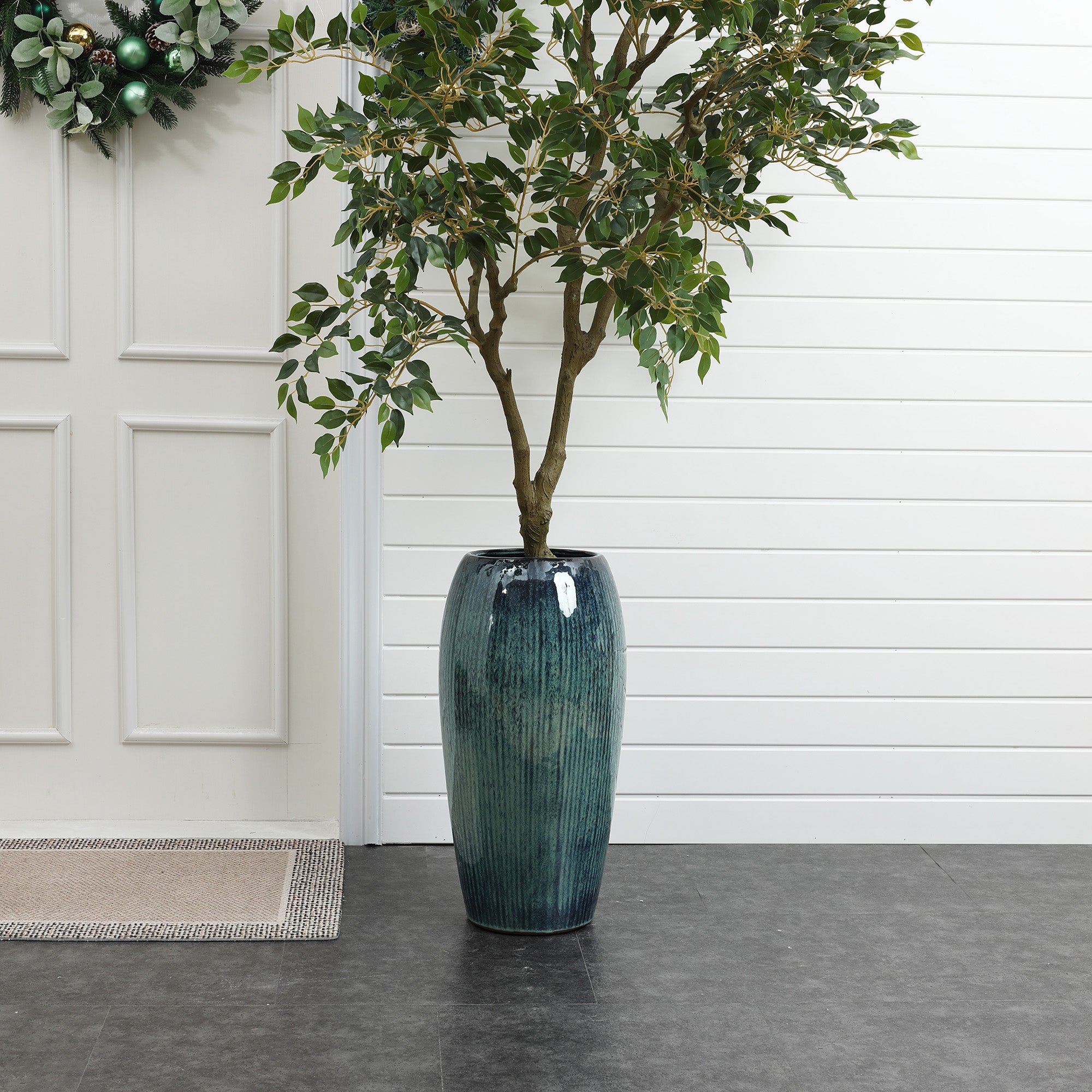 Blue Ceramic 23-Inch Tall Round Planter