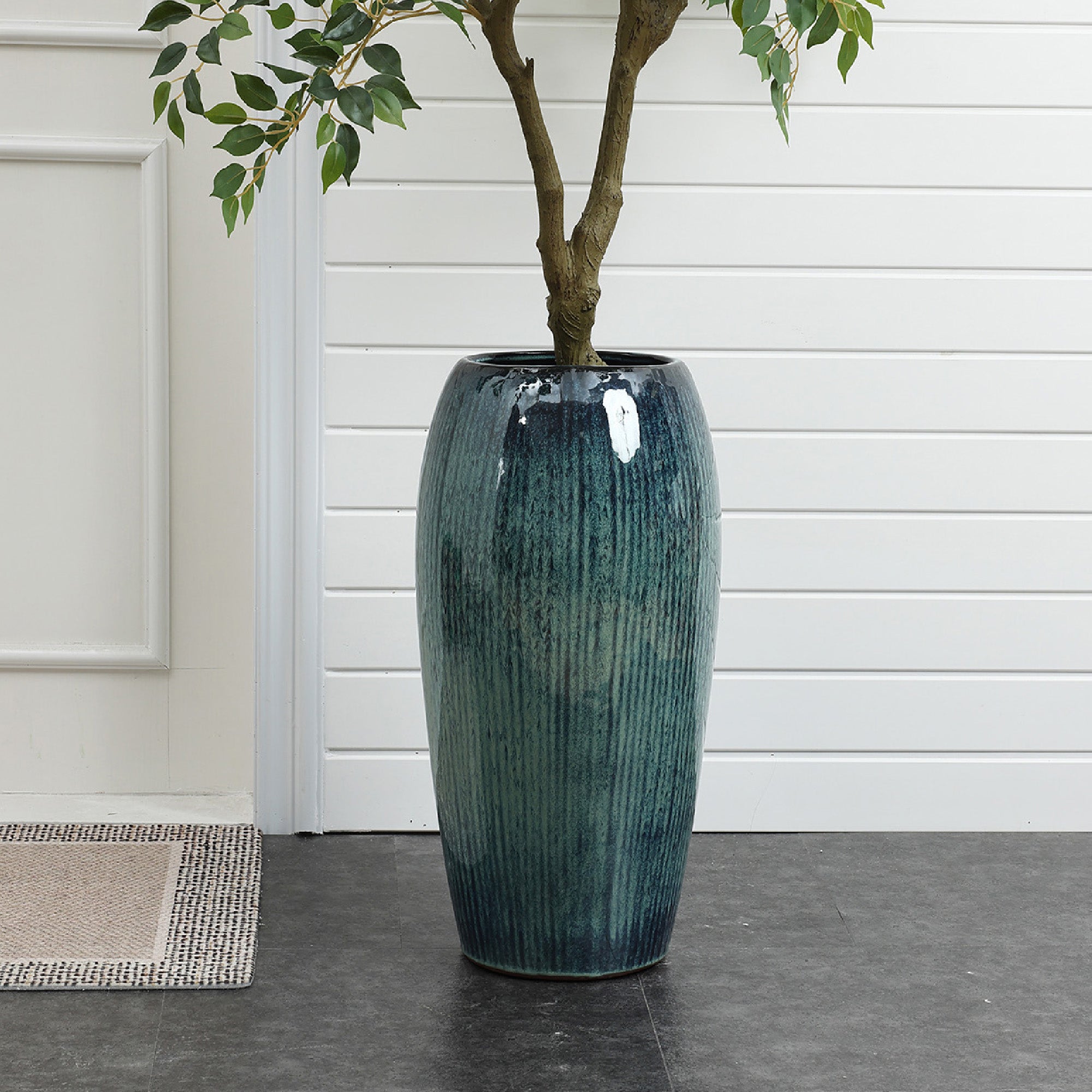 Blue Ceramic 23-Inch Tall Round Planter