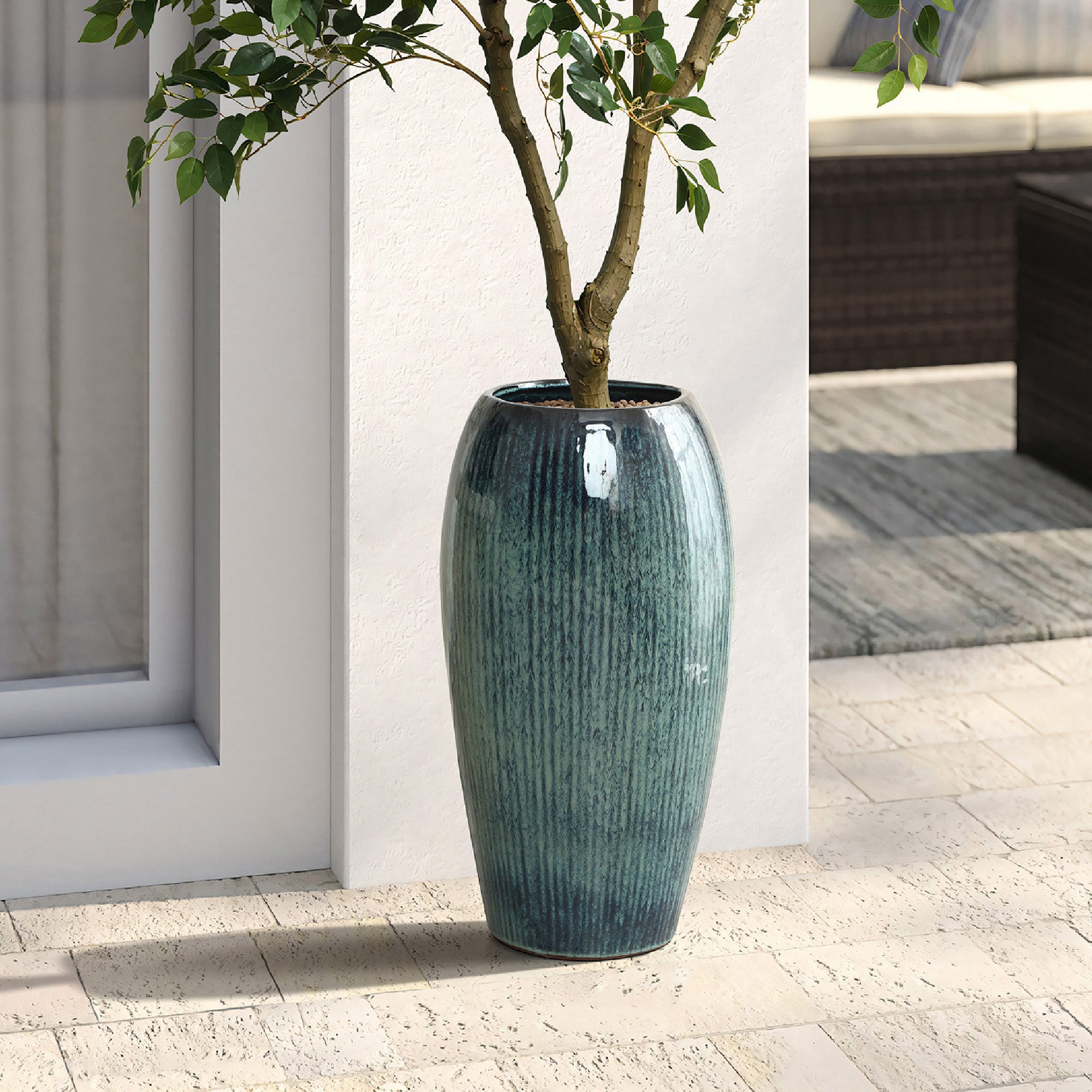 Blue Ceramic 23-Inch Tall Round Planter