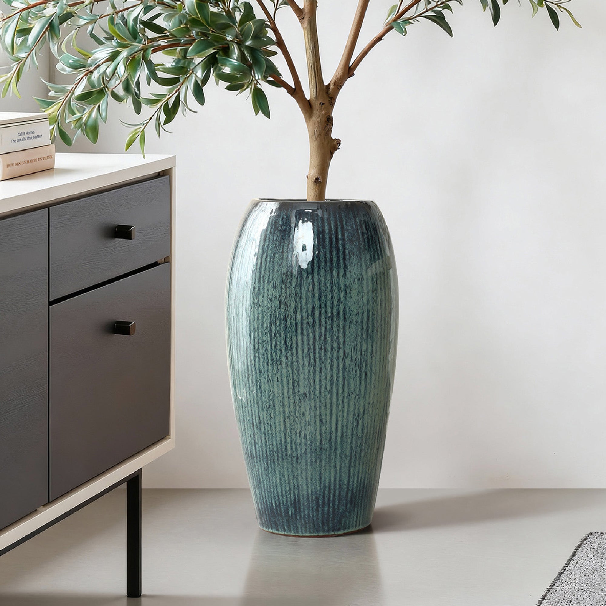 Blue Ceramic 23-Inch Tall Round Planter