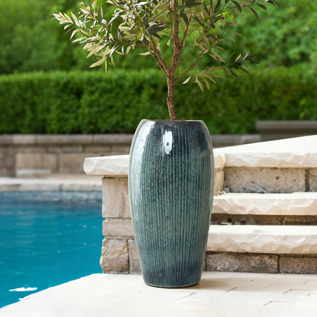 Blue Ceramic 23-Inch Tall Round Planter