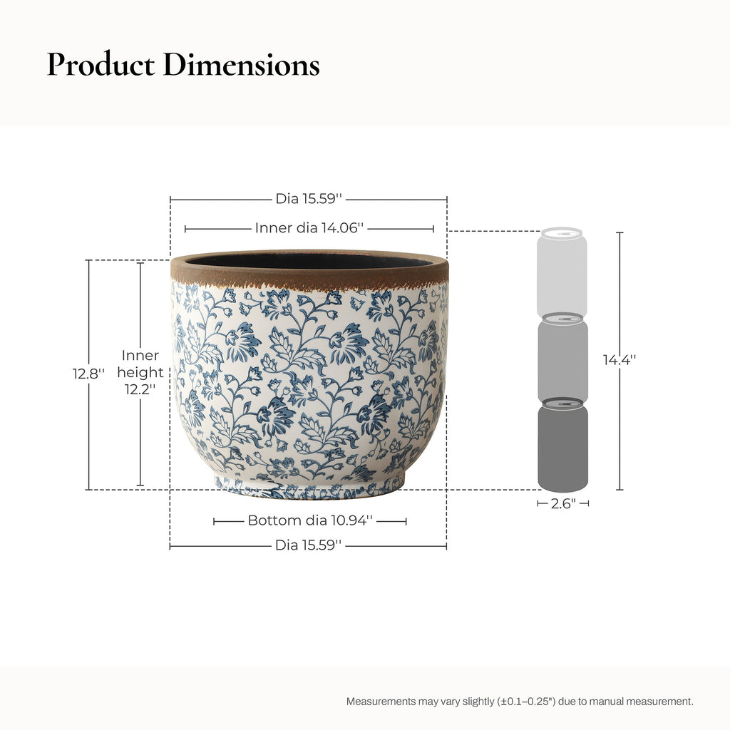Blue Floral Ceramic Planter, 15.59" Round, Indoor & Outdoor Garden Pot