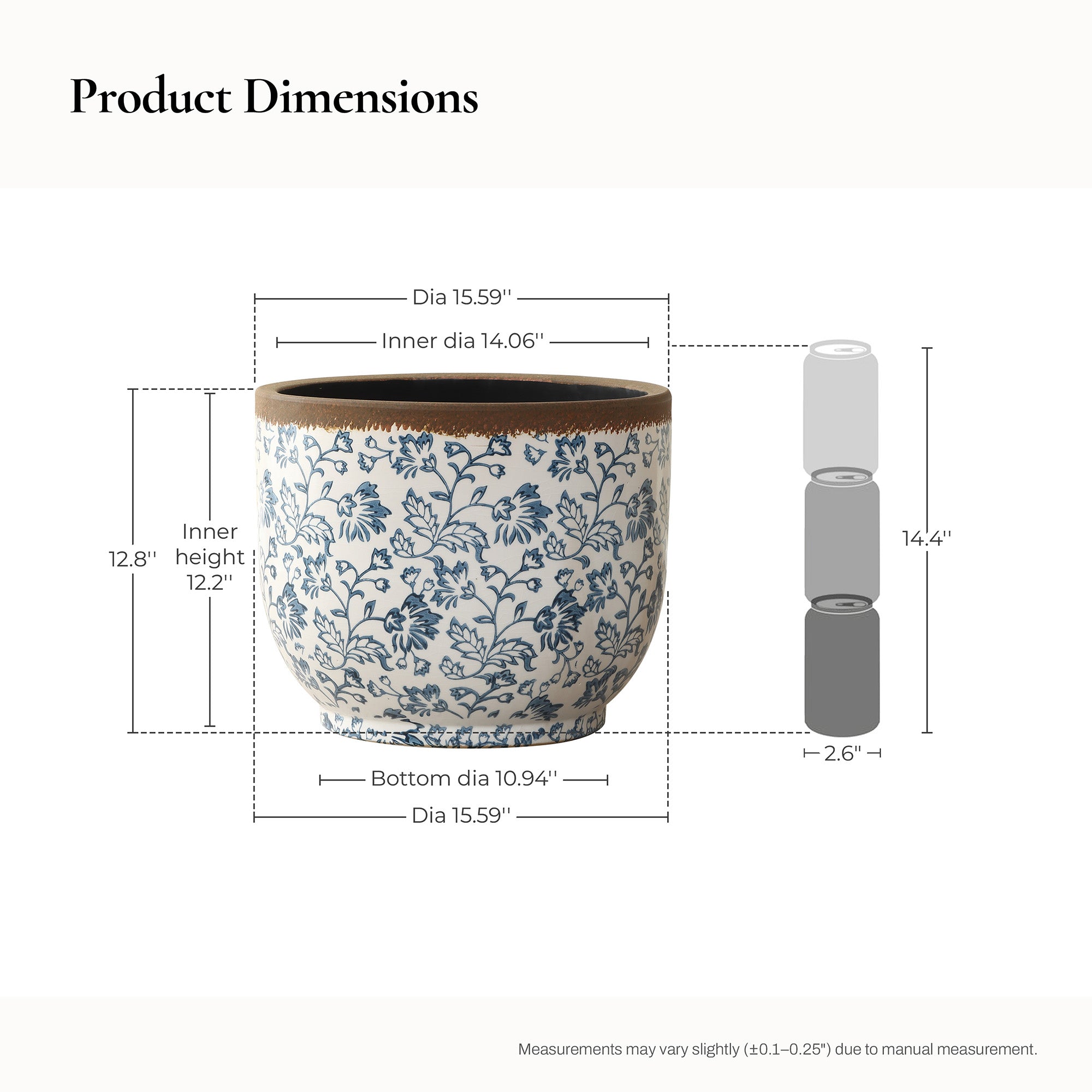 Blue Floral Ceramic Planter, 15.59" Round, Indoor & Outdoor Garden Pot