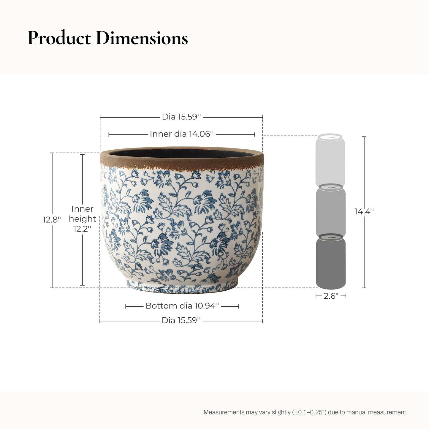Arbor Ceramic Round Planter, Blue Floral, 13"