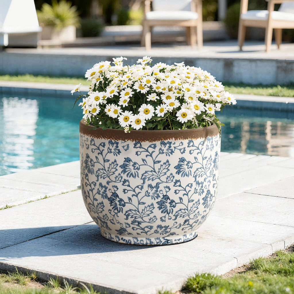 Blue Floral Ceramic Planter, 15.59" Round, Indoor & Outdoor Garden Pot