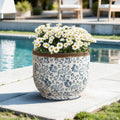 Blue Floral Ceramic Planter, 15.59" Round, Indoor & Outdoor Garden Pot