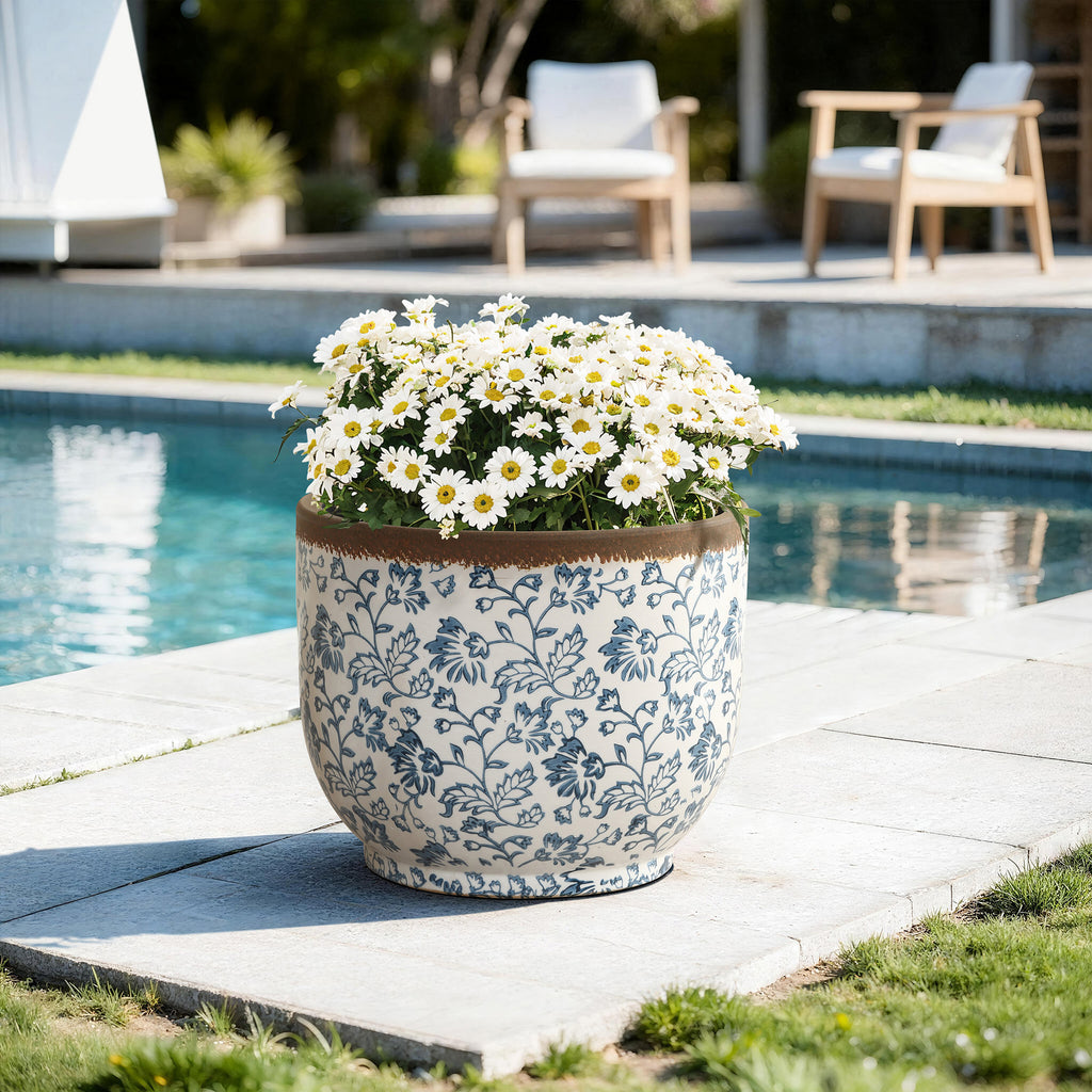 Blue Floral Ceramic Planter, 15.59" Round, Indoor & Outdoor Garden Pot