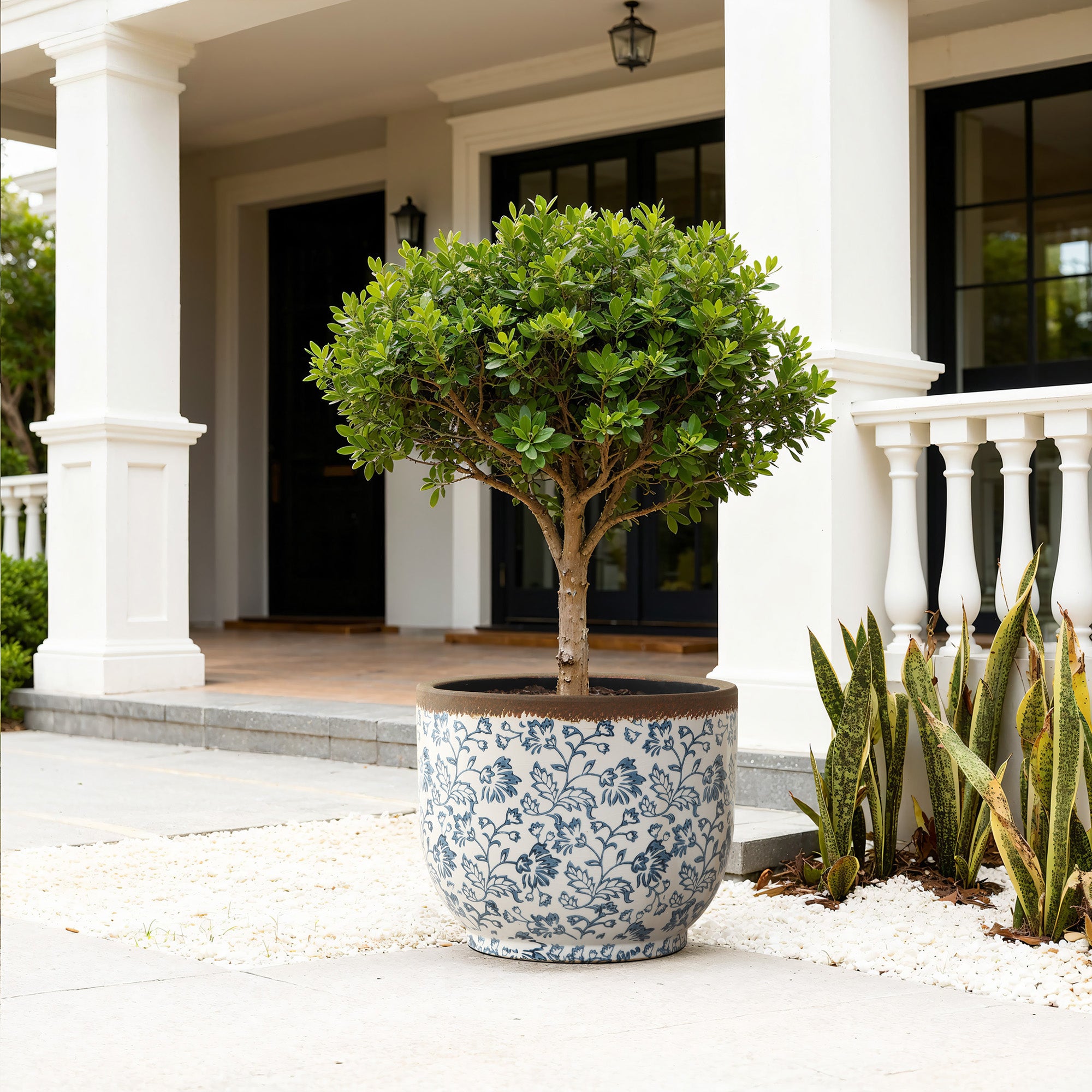 Blue Floral Ceramic Planter, 15.59" Round, Indoor & Outdoor Garden Pot
