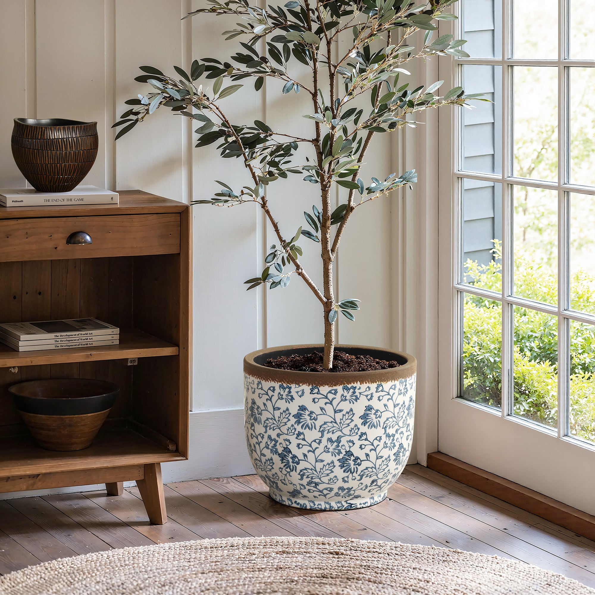 Blue Floral Ceramic Planter, 15.59" Round, Indoor & Outdoor Garden Pot