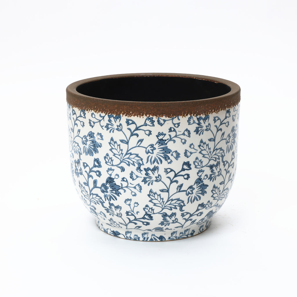 Blue Floral Ceramic Planter, 15.59" Round, Indoor & Outdoor Garden Pot