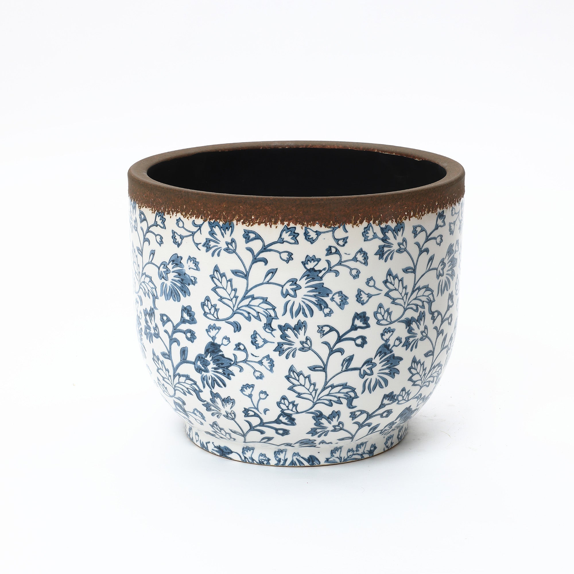 Blue Floral Ceramic Planter, 15.59" Round, Indoor & Outdoor Garden Pot