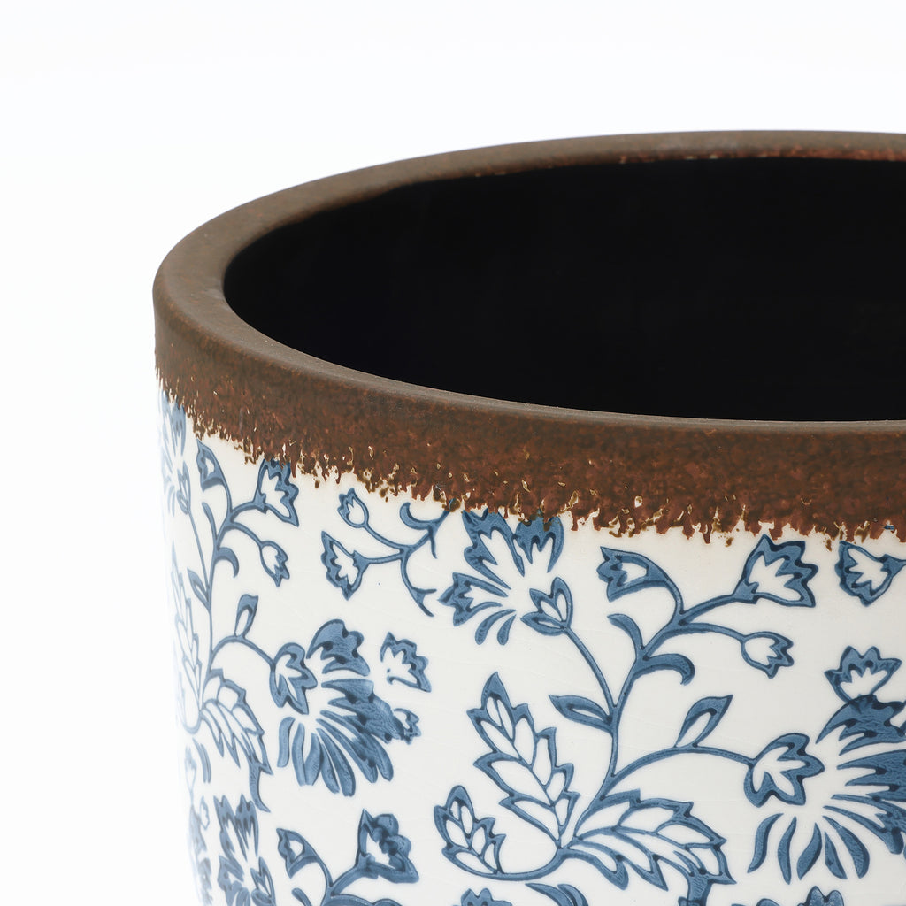 Blue Floral Ceramic Planter, 15.59" Round, Indoor & Outdoor Garden Pot