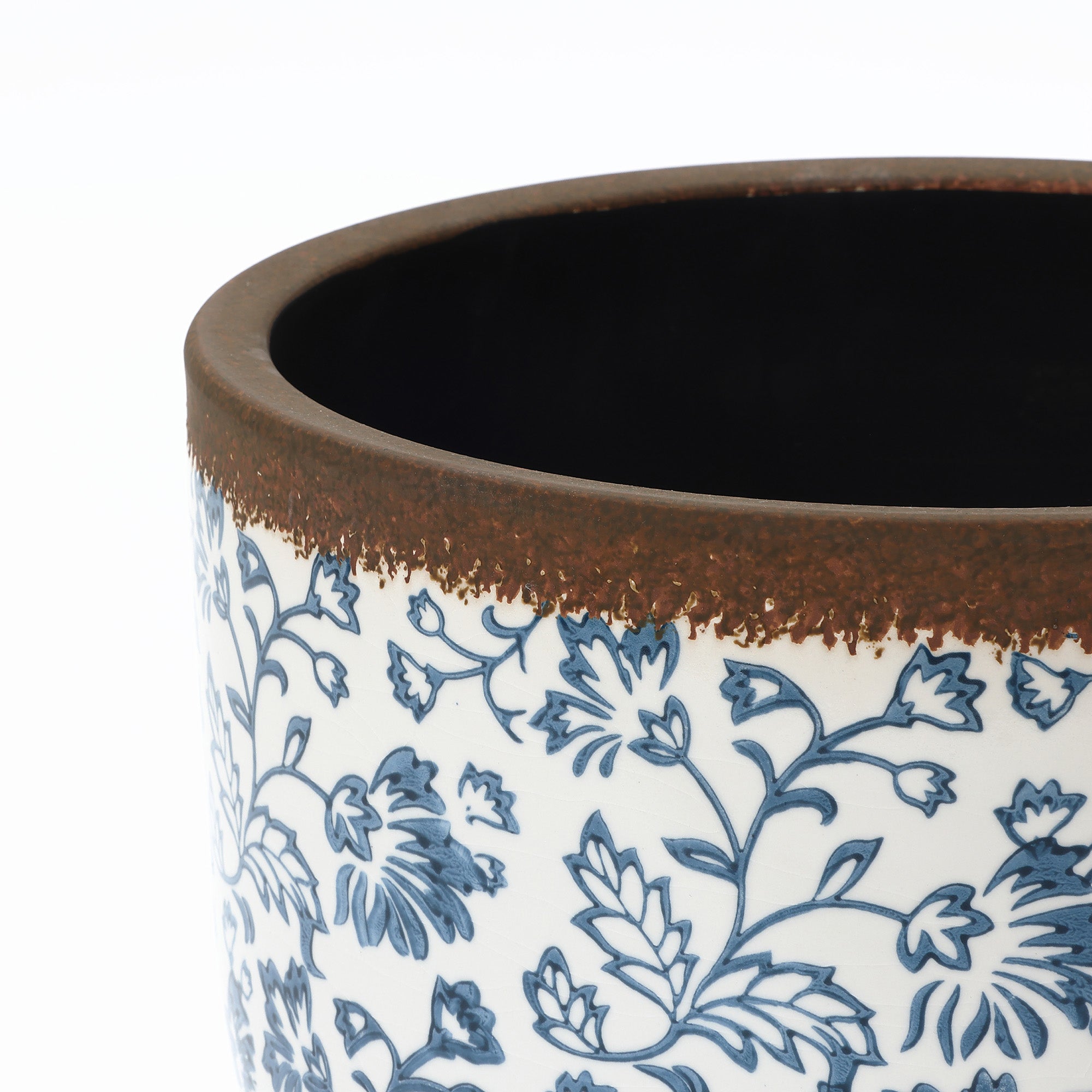 Blue Floral Ceramic Planter, 15.59" Round, Indoor & Outdoor Garden Pot