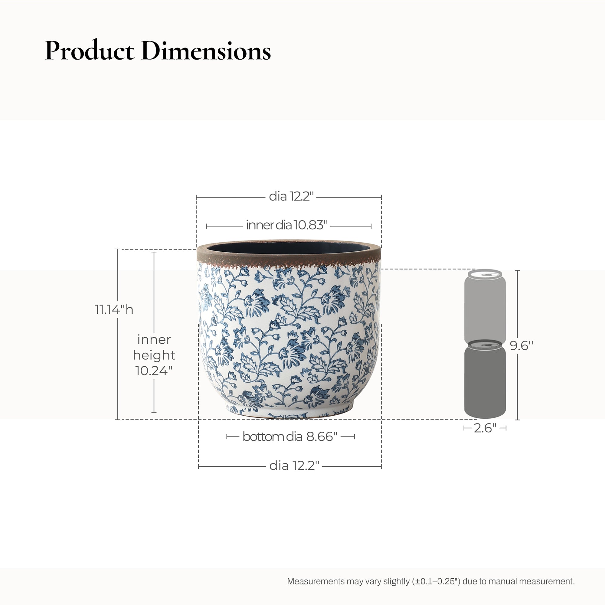Blue Floral Ceramic Planter, 12.2" Round, Indoor & Outdoor Garden Pot