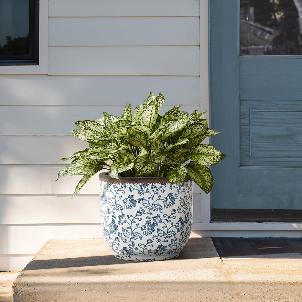 Blue Floral Ceramic Planter, 12.2" Round, Indoor & Outdoor Garden Pot