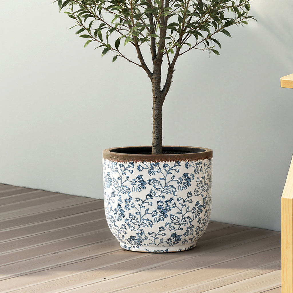 Blue Floral Ceramic Planter, 12.2" Round, Indoor & Outdoor Garden Pot