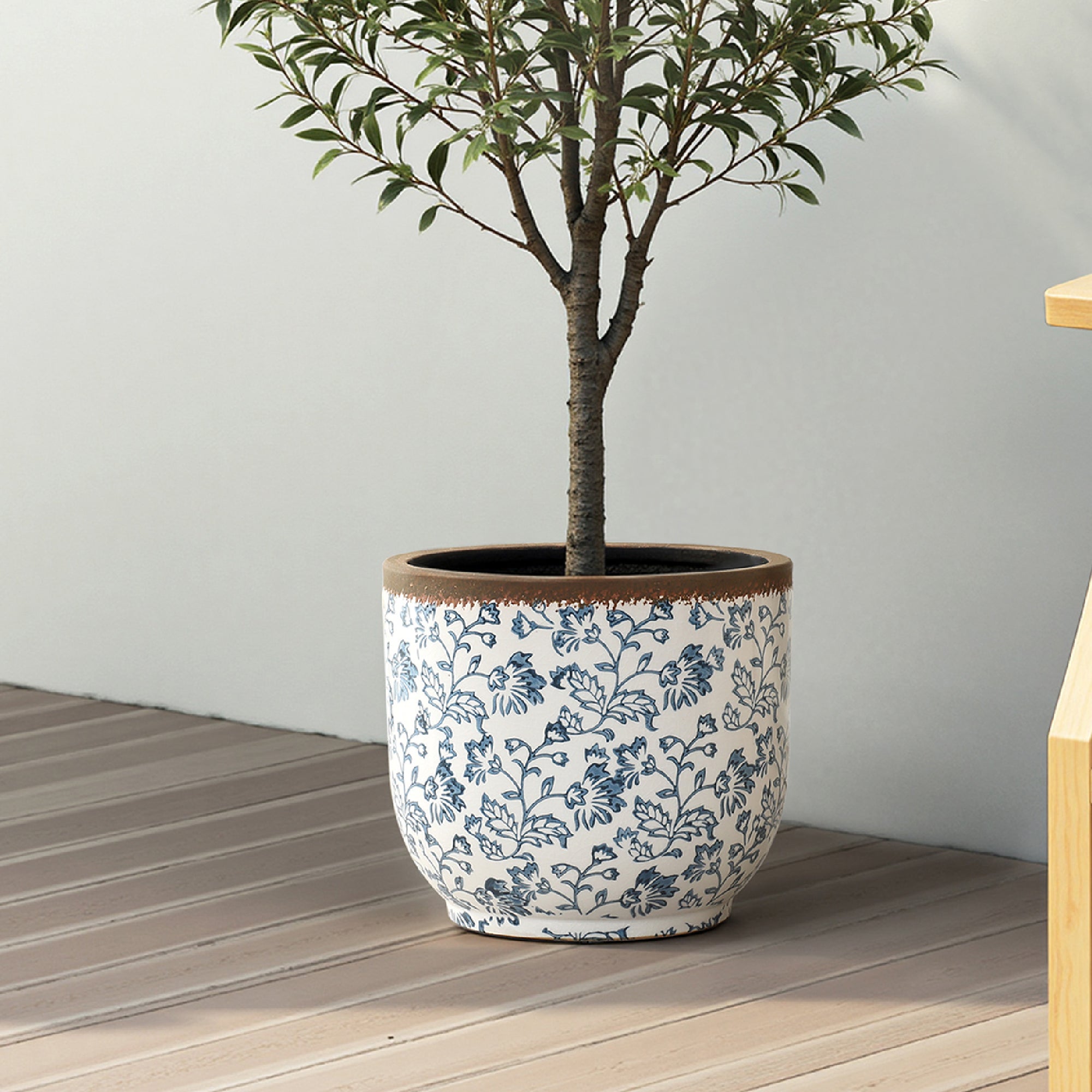 Blue Floral Ceramic Planter, 12.2" Round, Indoor & Outdoor Garden Pot