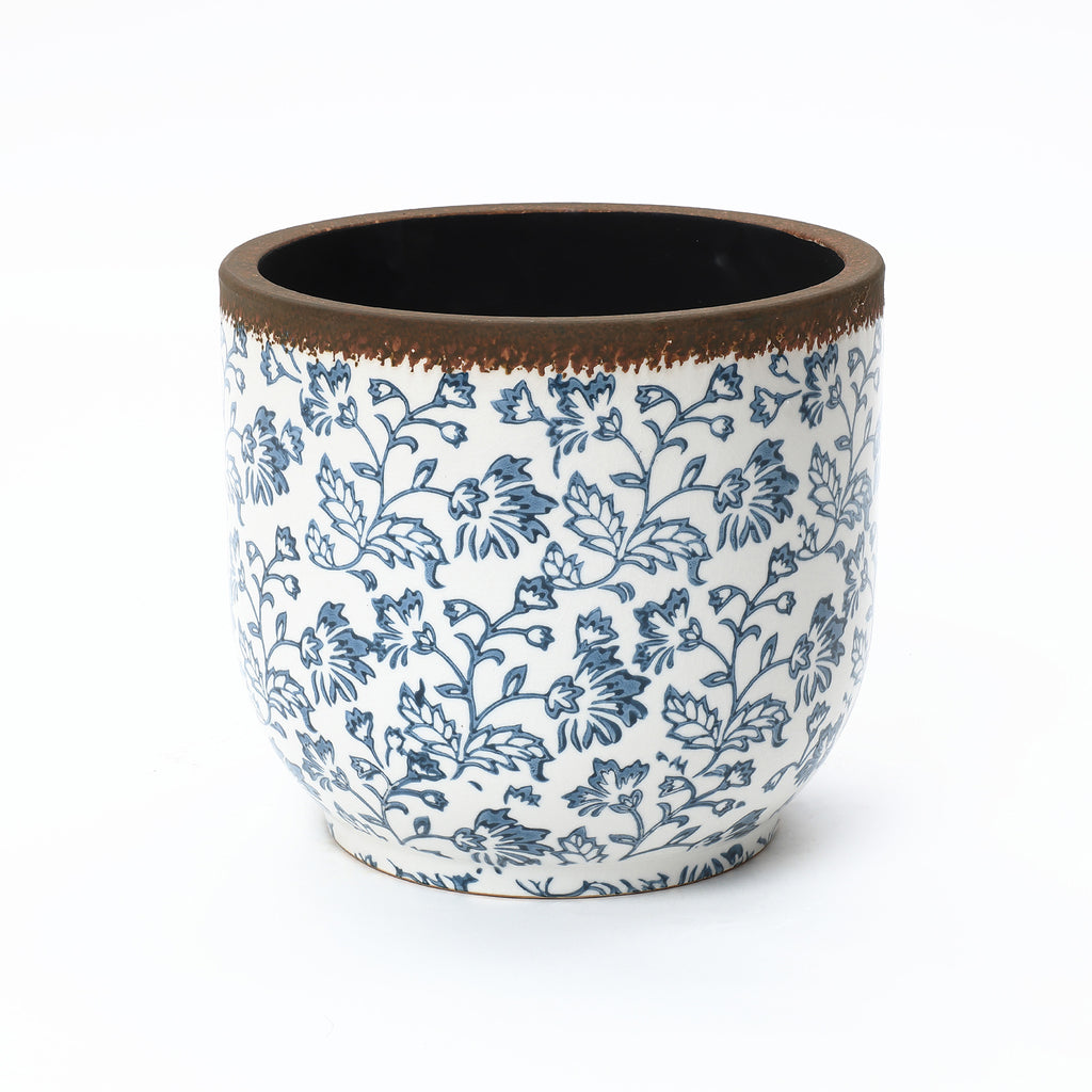 Blue Floral Ceramic Planter, 12.2" Round, Indoor & Outdoor Garden Pot