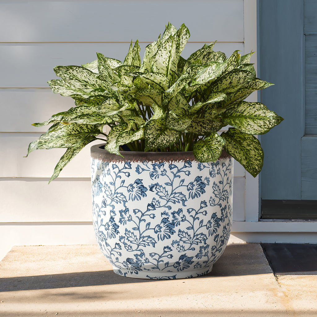 Blue Floral Ceramic Planter, 12.2" Round, Indoor & Outdoor Garden Pot