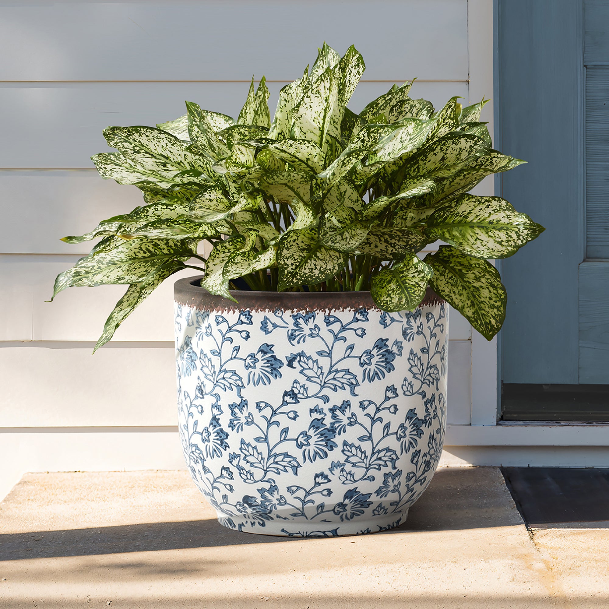 Blue Floral Ceramic Planter, 12.2" Round, Indoor & Outdoor Garden Pot