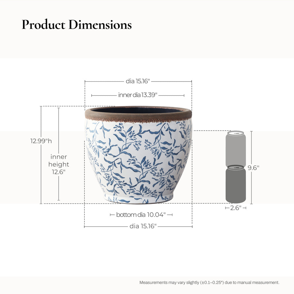 Blue Floral Ceramic Planter, 15.16" Round, Indoor & Outdoor Garden Pot