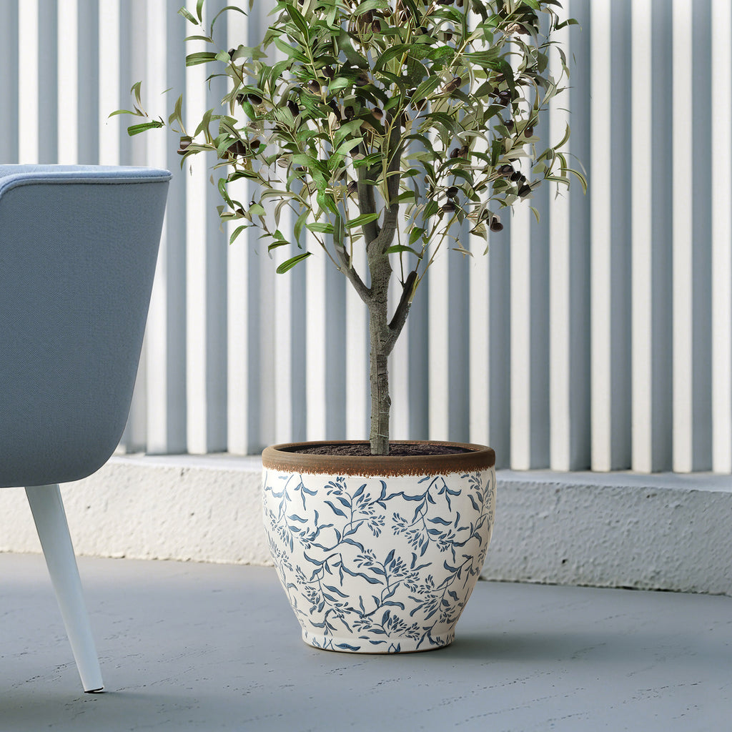 Blue Floral Ceramic Planter, 15.16" Round, Indoor & Outdoor Garden Pot