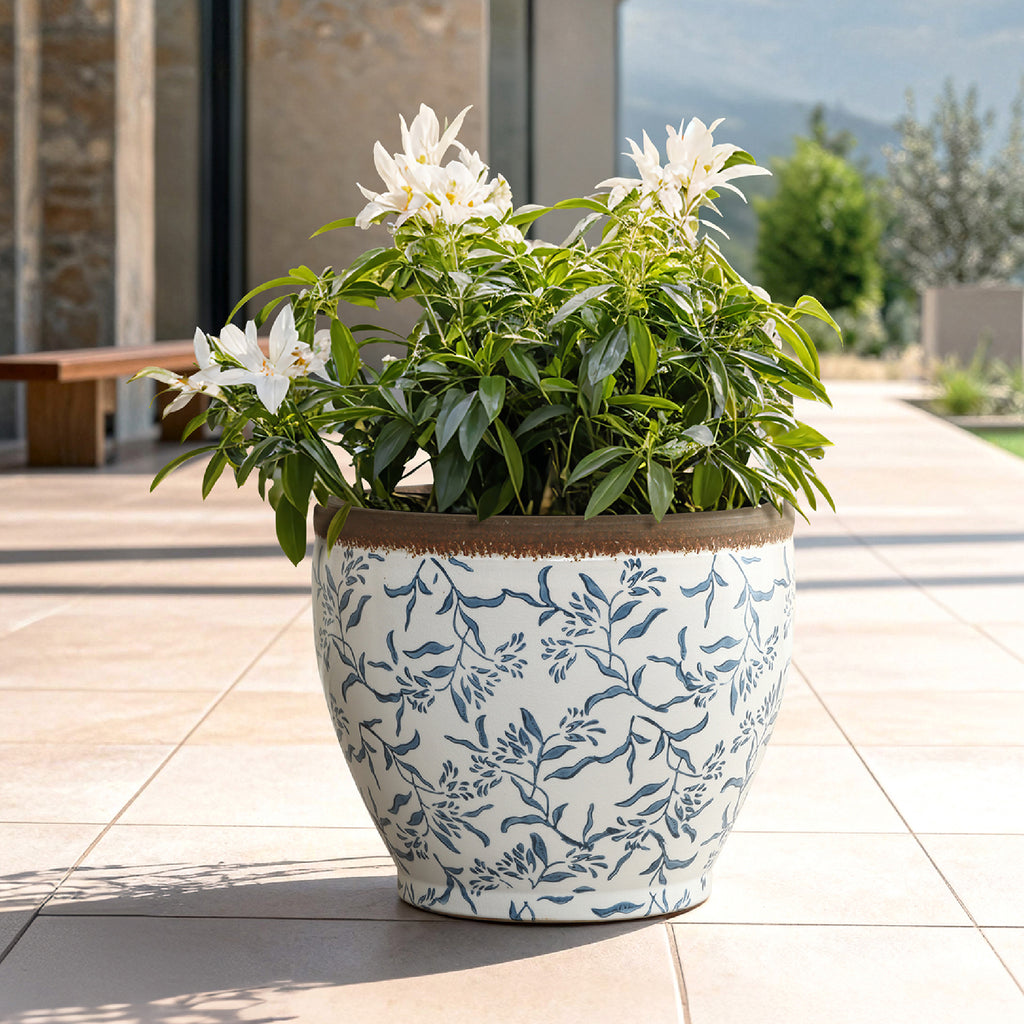 Blue Floral Ceramic Planter, 15.16" Round, Indoor & Outdoor Garden Pot