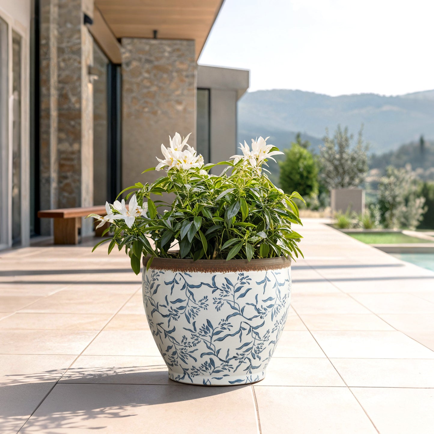 Strata Ceramic Round Planter, Blue Floral, 13"