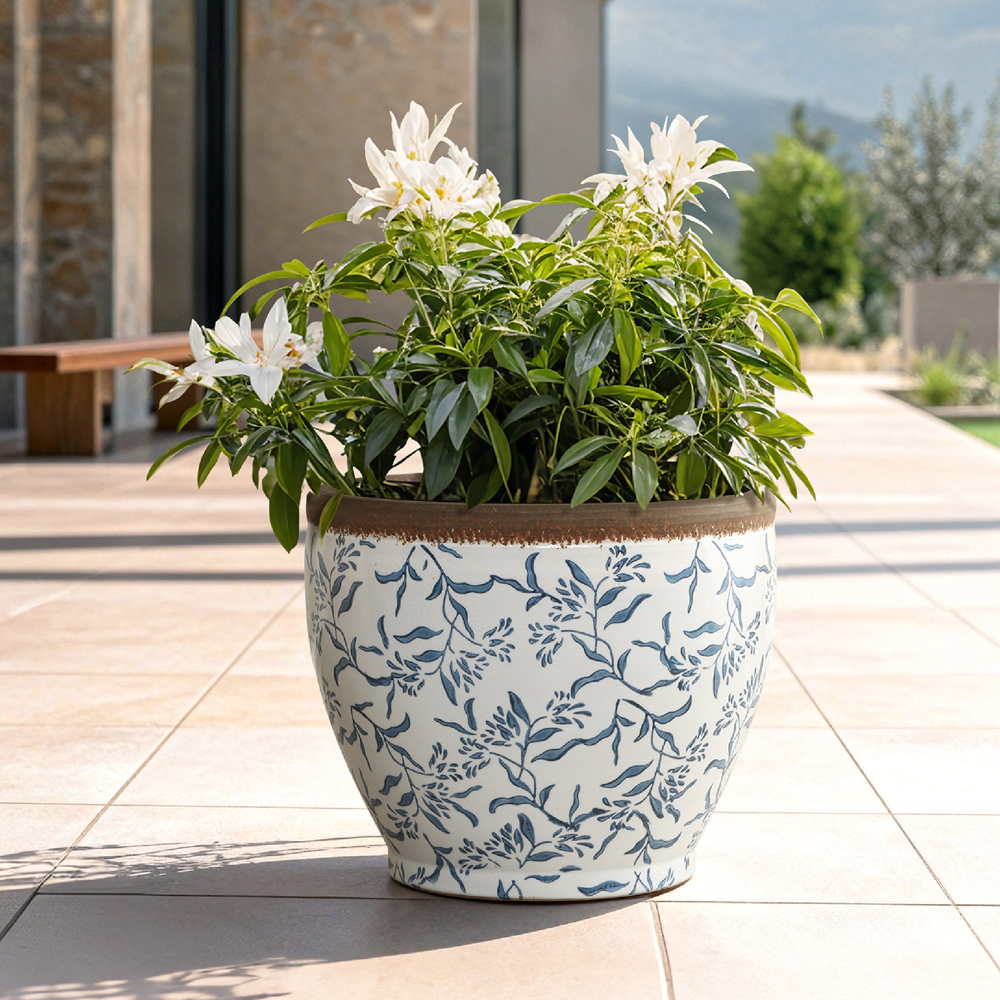 Blue Floral Ceramic Planter, 15.16" Round, Indoor & Outdoor Garden Pot