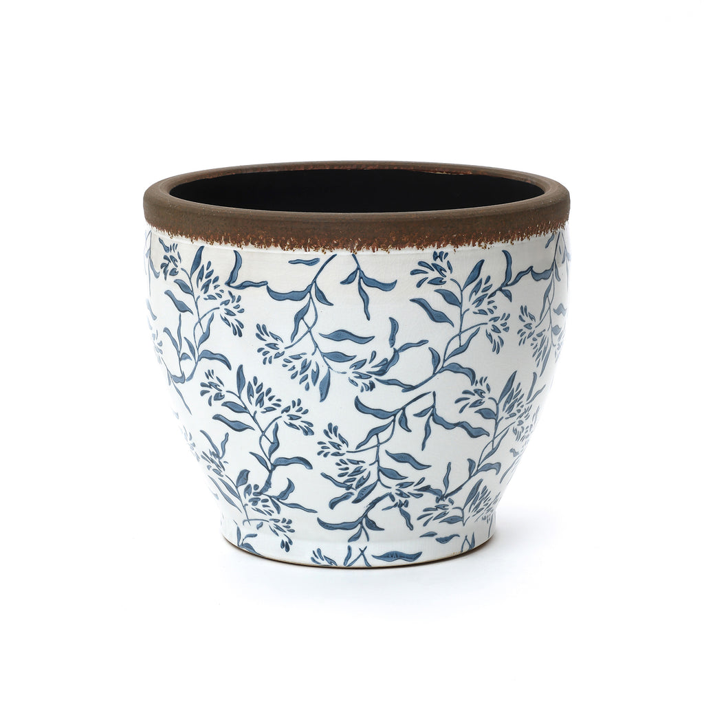 Blue Floral Ceramic Planter, 15.16" Round, Indoor & Outdoor Garden Pot