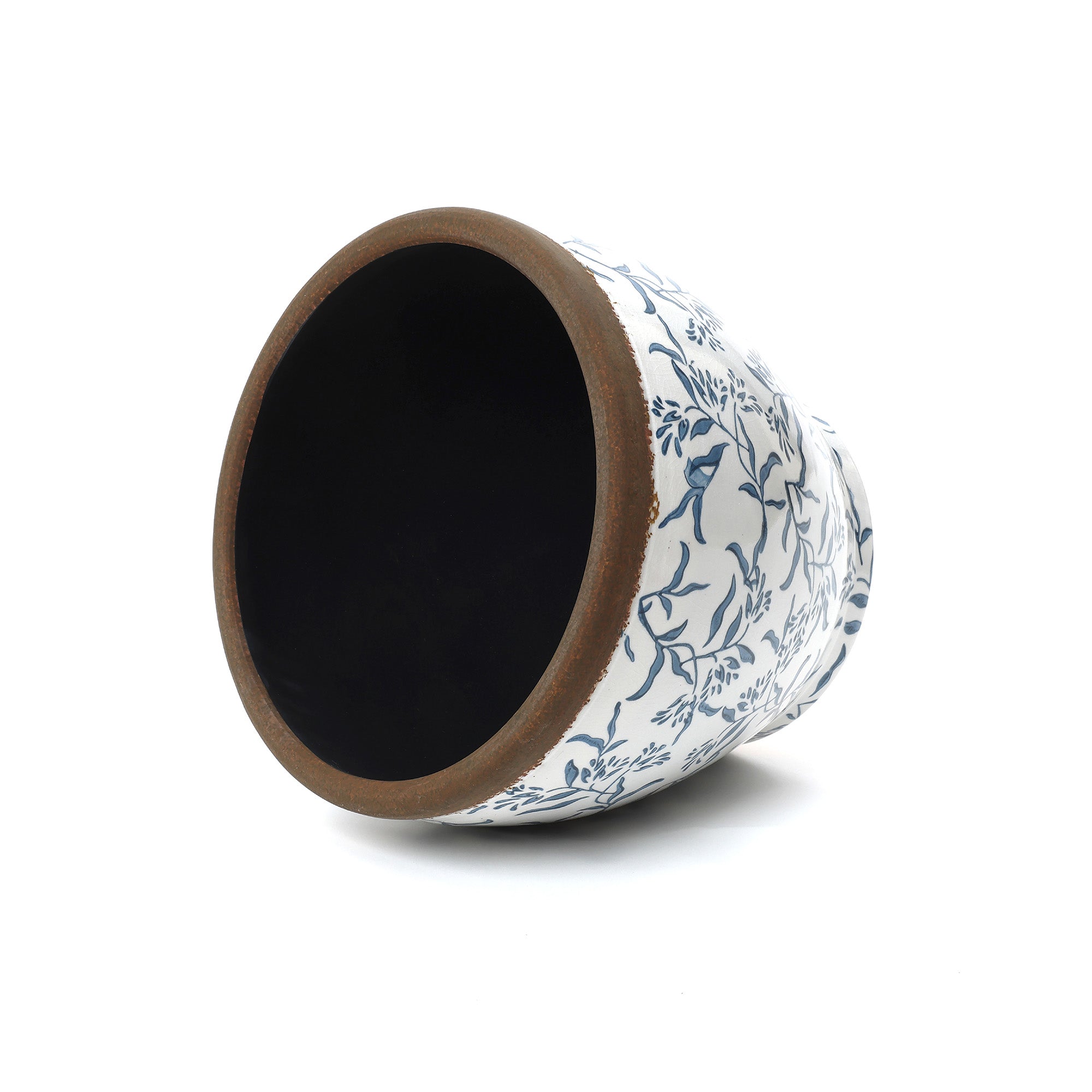 Blue Floral Ceramic Planter, 15.16" Round, Indoor & Outdoor Garden Pot